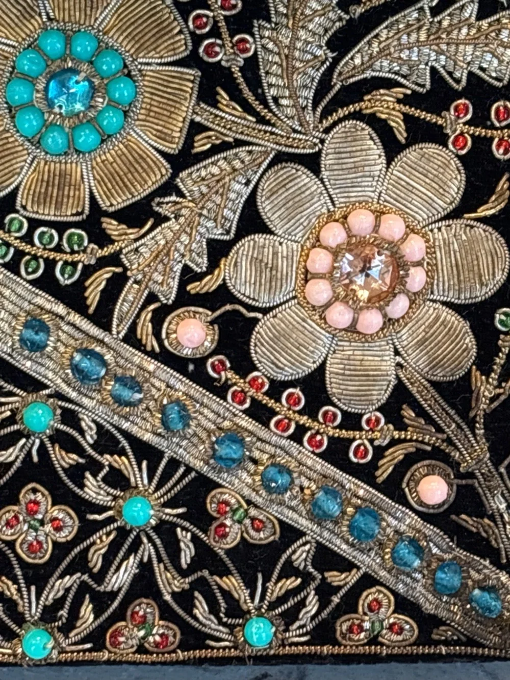 Vintage Black Velvet Evening Clutch Metallic Zardozi Wire Embroidery Floral